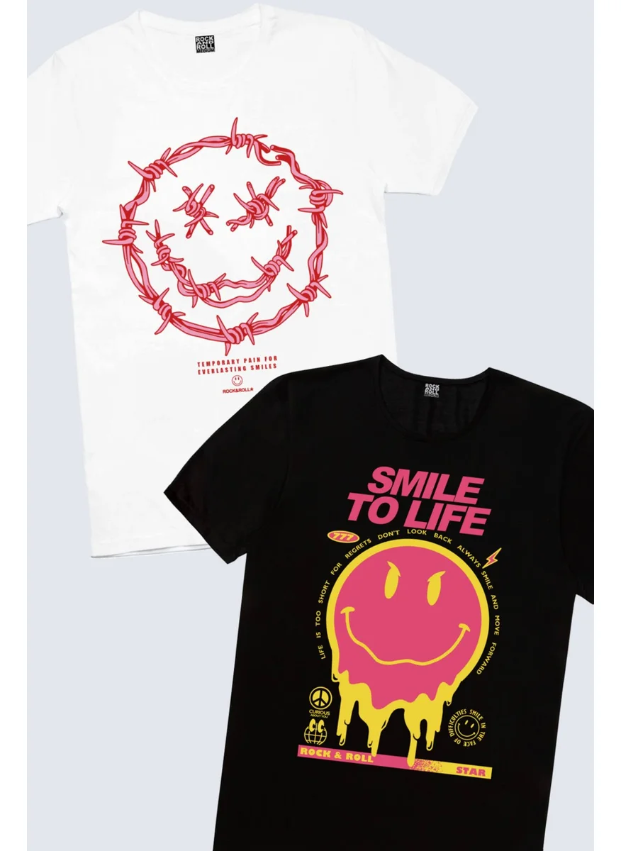 روك اند رول Rock & Roll Spiky Face White, Smile to Life Black Men's T-Shirt 2-Pack Eco