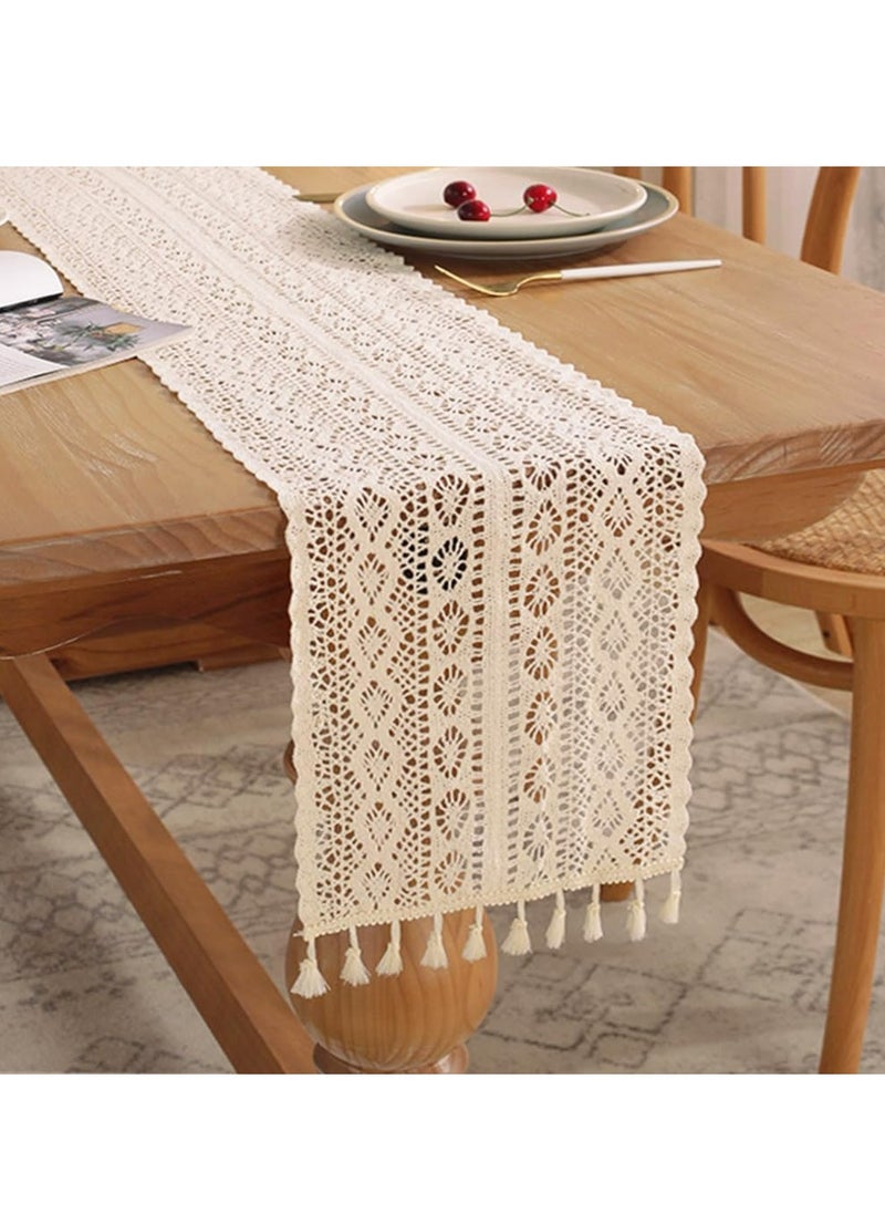 Oasisgalore 90" Boho Crochet Table Runner, Bohemian Rustic for Kitchen & Dining Decor  - Image 1