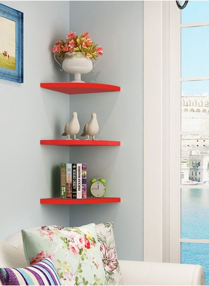 VITION Floating Corner Wall Shelf 3Pcs Triangle Bookshelf Home Decor 3 Tier Display Organizer 16cm Red - Image 2