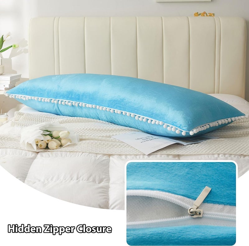 CottonFry Solid 250 TC Ultra Soft Velvet Body Pillow Cover/Case Pillowcase with Hidden Zipper, Zippered Body Pillow Case (Sky Blue with Pompom, Standard), 1 piece - Image 5