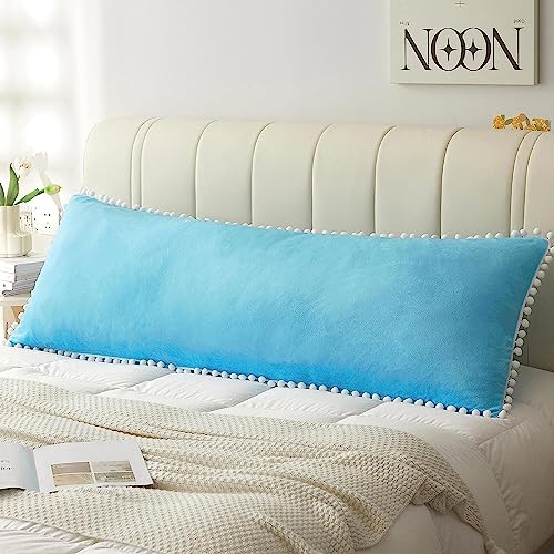 CottonFry Solid 250 TC Ultra Soft Velvet Body Pillow Cover/Case Pillowcase with Hidden Zipper, Zippered Body Pillow Case (Sky Blue with Pompom, Standard), 1 piece - Image 1