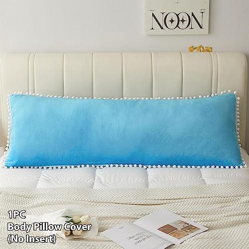 CottonFry Solid 250 TC Ultra Soft Velvet Body Pillow Cover/Case Pillowcase with Hidden Zipper, Zippered Body Pillow Case (Sky Blue with Pompom, Standard), 1 piece - Image 2