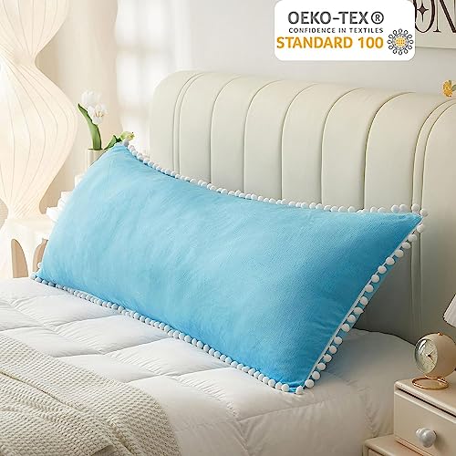CottonFry Solid 250 TC Ultra Soft Velvet Body Pillow Cover/Case Pillowcase with Hidden Zipper, Zippered Body Pillow Case (Sky Blue with Pompom, Standard), 1 piece - Image 3