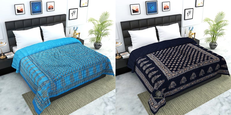 LILFLY 400 TC Pure Cotton Jaipuri Light Weight Traditional Rajasthani Print Single Bed Quilt/Razai/Rajai (Design 14, Single Bed - Set of 2 Combo Set) - Image 1
