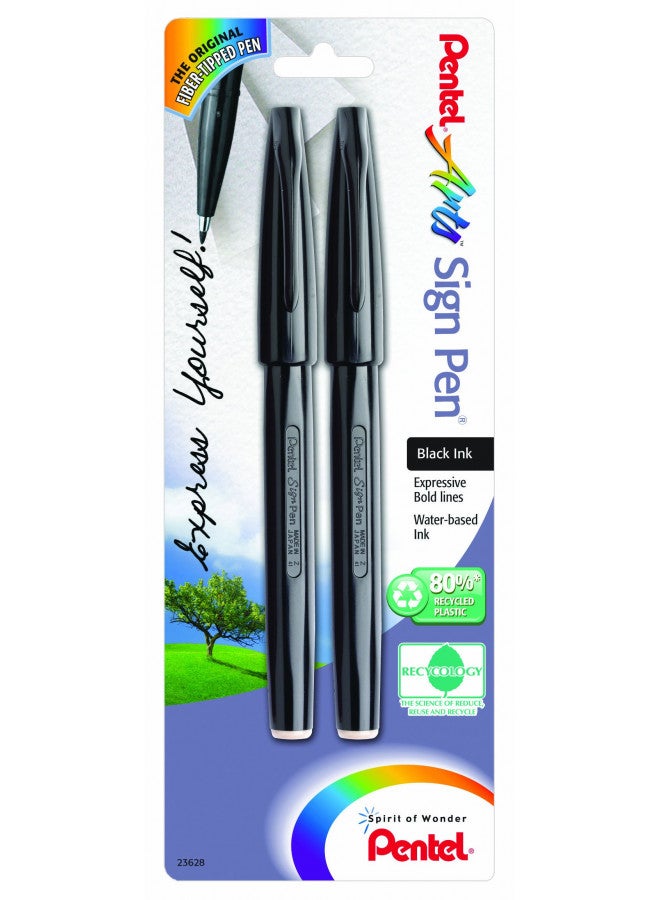 Pentel قلم إشارة بينتل للفنون، حبر أسود، عبوة 2 (S520BP2A)، متنوع - Image 1