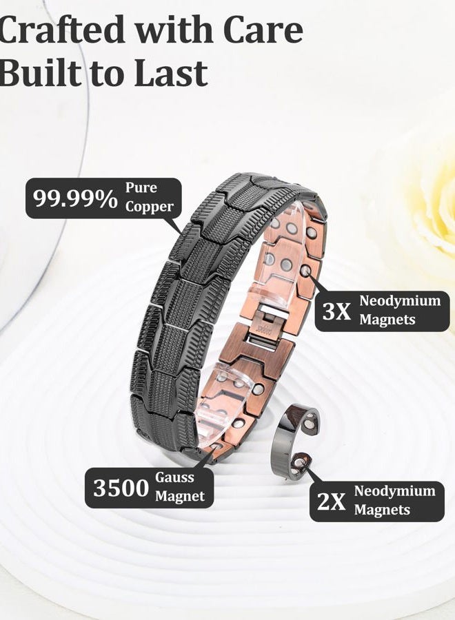 Fashtour 3X Copper Bracelet and Ring for Men, Triple Ultra Strength Magnets, Masculine Design Pure Copper Magnetic Bracelet, Adjustable Length with Sizing Tool(Black) - Image 2