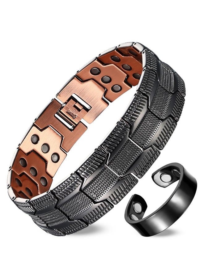 Fashtour 3X Copper Bracelet and Ring for Men, Triple Ultra Strength Magnets, Masculine Design Pure Copper Magnetic Bracelet, Adjustable Length with Sizing Tool(Black) - Image 1