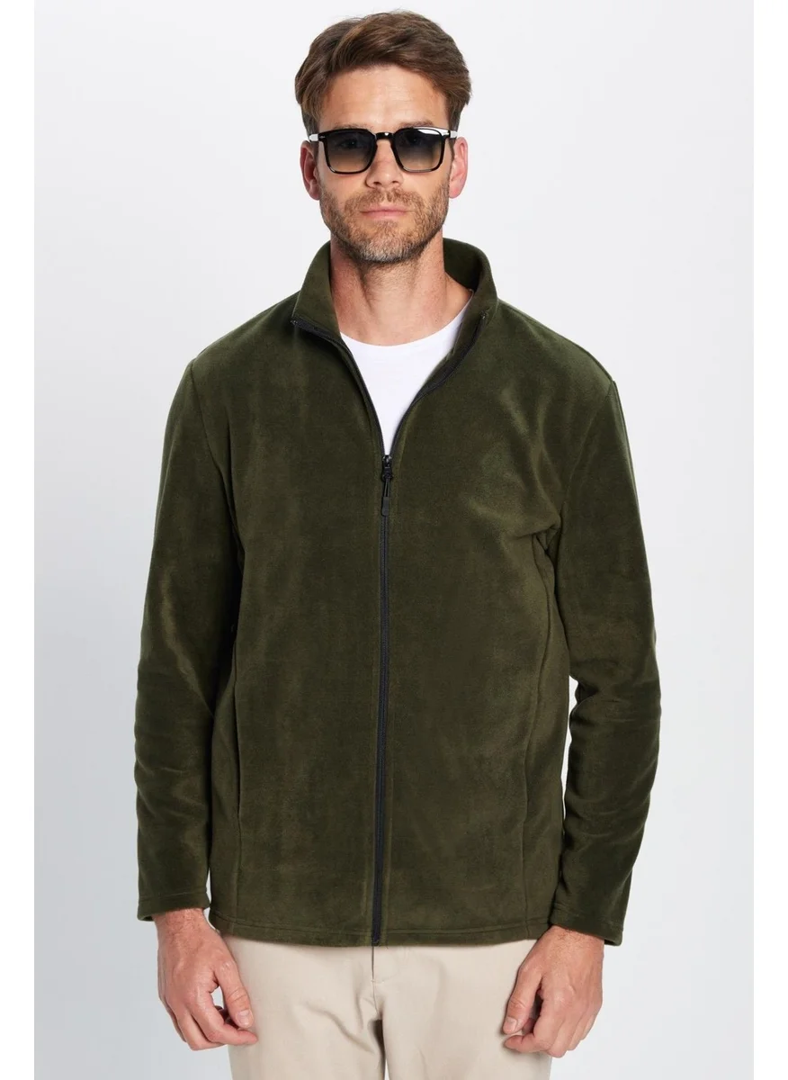 Tudors Standard Fit Full Zipper Non-Pilling Cold Proof Khaki Stand Collar Polar Sweatshirt