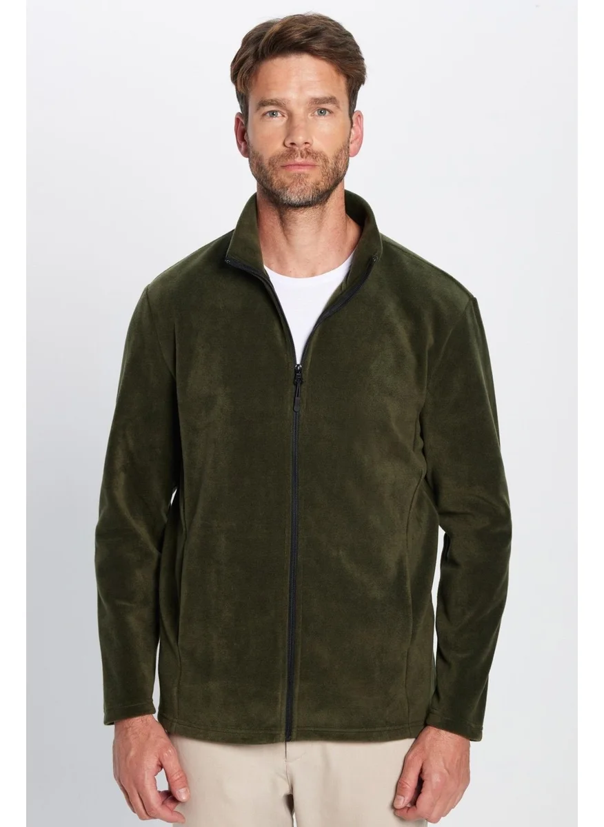 Tudors Standard Fit Full Zipper Non-Pilling Cold Proof Khaki Stand Collar Polar Sweatshirt
