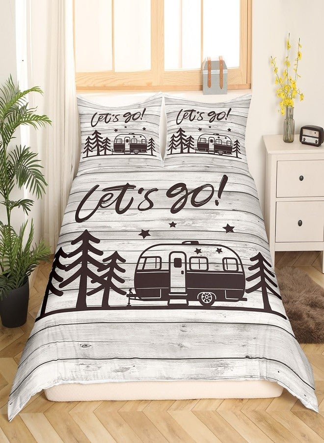 Homewish Happy Camping Duvet Cover Queen Size Travel Car and Tree Comforter Cover with 2 Pillowcase for Teens Kids Camper Bedding Set Vintage Wood Panels Breathable 3 Pcs Decorative Bed Cover(No Comforter) - Image 2