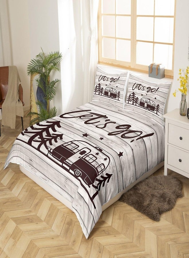 Homewish Happy Camping Duvet Cover Queen Size Travel Car and Tree Comforter Cover with 2 Pillowcase for Teens Kids Camper Bedding Set Vintage Wood Panels Breathable 3 Pcs Decorative Bed Cover(No Comforter) - Image 3
