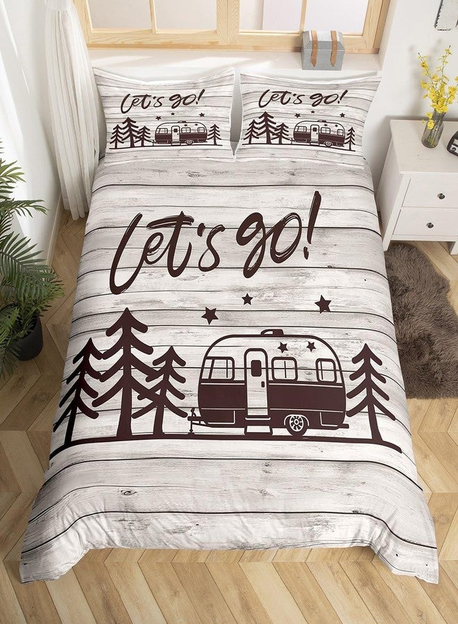Homewish Happy Camping Duvet Cover Queen Size Travel Car and Tree Comforter Cover with 2 Pillowcase for Teens Kids Camper Bedding Set Vintage Wood Panels Breathable 3 Pcs Decorative Bed Cover(No Comforter) - Image 1