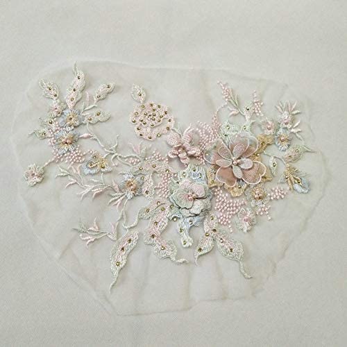 FEEPOP 3D Embroidered Patches Nail Bead Tulle Applique Flower Patch for Clothing Wedding Dress Lace Fabric DIY Decoration(Pink1) - Image 3