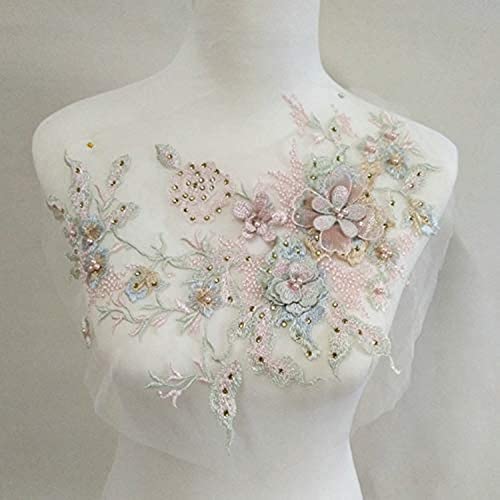 FEEPOP 3D Embroidered Patches Nail Bead Tulle Applique Flower Patch for Clothing Wedding Dress Lace Fabric DIY Decoration(Pink1) - Image 5