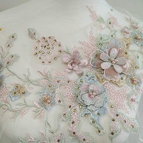 FEEPOP 3D Embroidered Patches Nail Bead Tulle Applique Flower Patch for Clothing Wedding Dress Lace Fabric DIY Decoration(Pink1) - Image 2