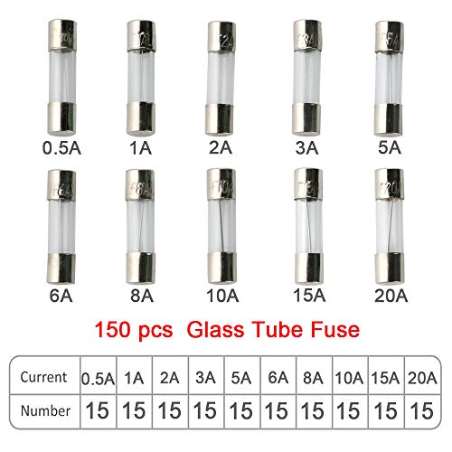 QitinDasen فولار 150 قطعة 5x20 مم فيوز زجاجي احترافي للسيارات، مجموعة فيوزات سريعة الانفجار مع صندوق بلاستيكي شفاف، مجموعة فيوزات زجاجية متنوعة 0.5A، 1A، 2A، 3A، 5A، 6A، 8A، 10A، 15A، 20A - Image 2