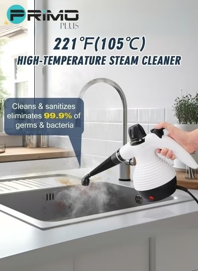 بريمو بلس منظف ​​بخار محمول باليد 1050 وات متعدد الوظائف بدرجة حرارة عالية مع 9 قطع إكسسوارات مناسبة لأريكة المطبخ ونافذة الحمام - Image 2