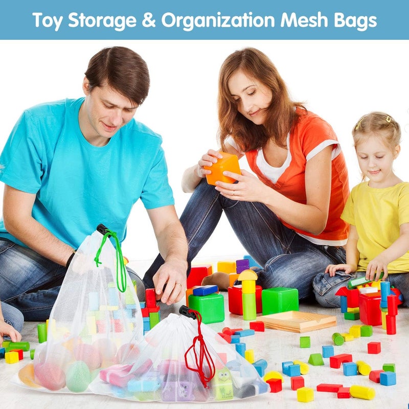 Frienda 20 Pieces Reusable Mesh Toy Storage Bags with Drawstring - 5 Large, 8 Medium, 7 Small (Blue, Green, Red) - Image 4