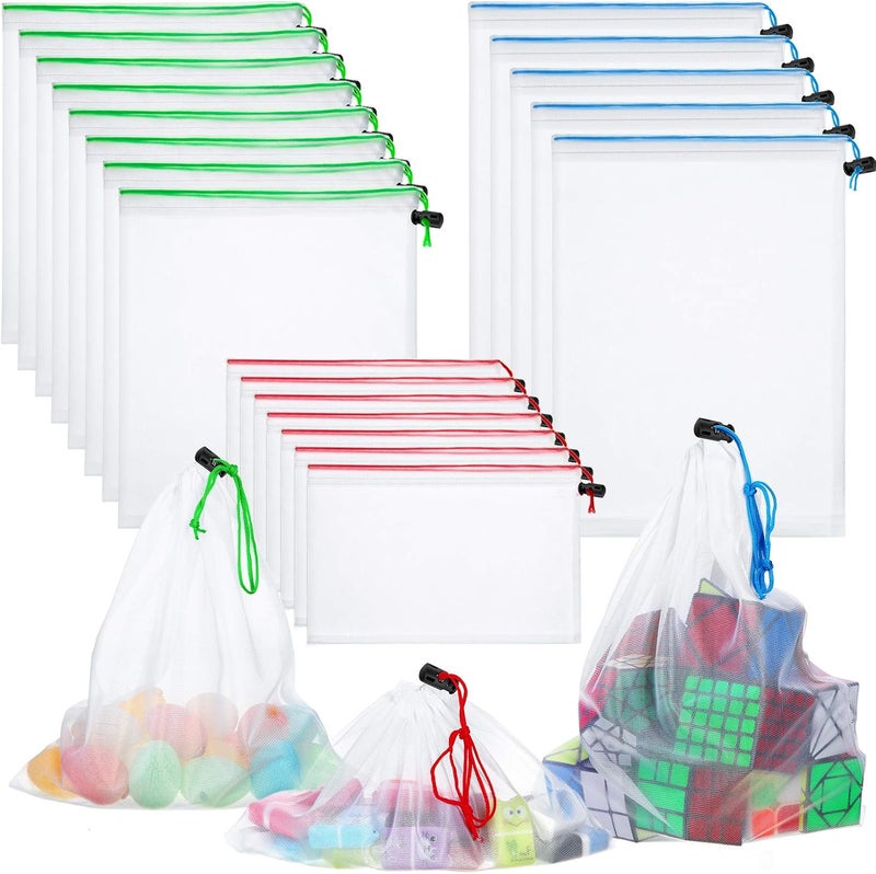 Frienda 20 Pieces Reusable Mesh Toy Storage Bags with Drawstring - 5 Large, 8 Medium, 7 Small (Blue, Green, Red) - Image 1