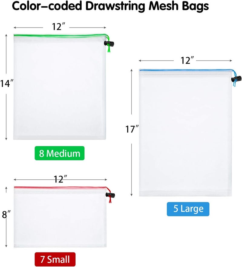 Frienda 20 Pieces Reusable Mesh Toy Storage Bags with Drawstring - 5 Large, 8 Medium, 7 Small (Blue, Green, Red) - Image 2