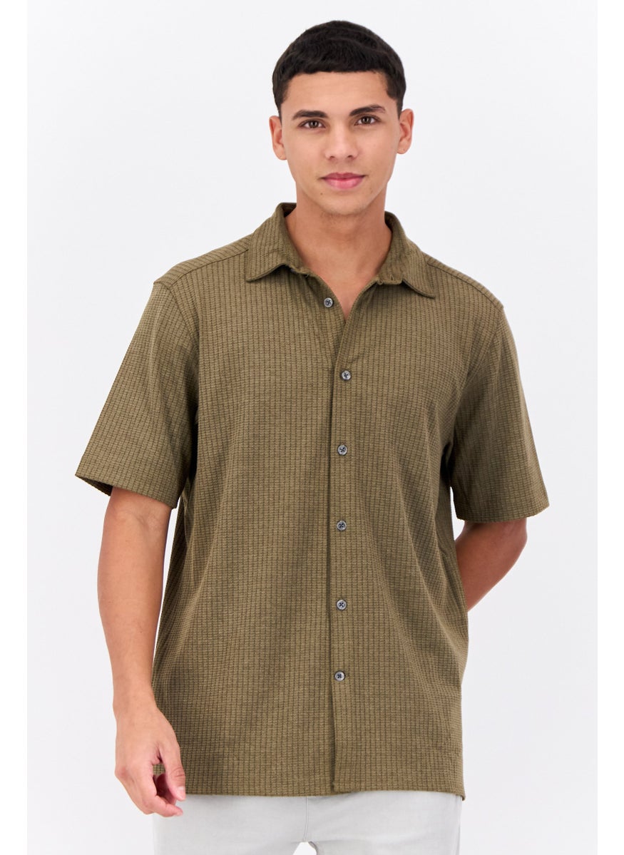 French Connection Men Regular Fit Short Sleeve Textured Casual Shirts,  Dark Olive  - Image 1