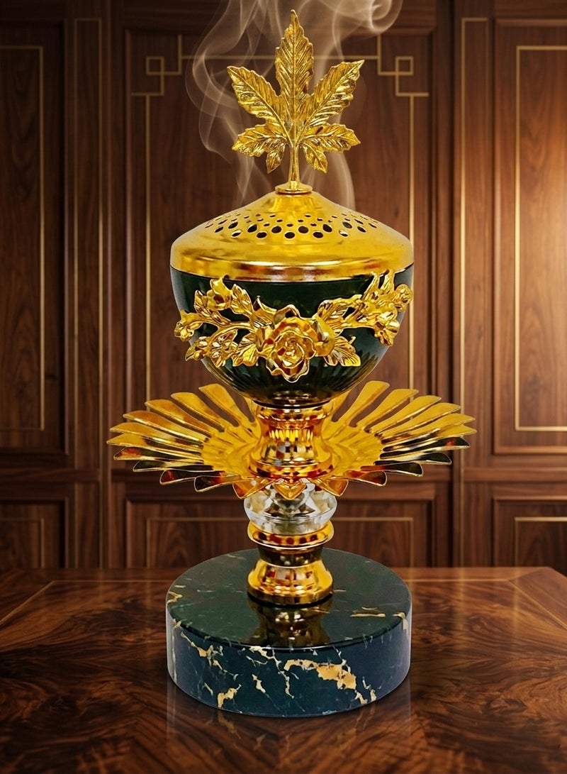 مبخرة بخور فاخرة من المعدن بتصميم أنيق من الذهب والزمرد الأخضر على شكل ورقة قيقب - K033 - Image 2