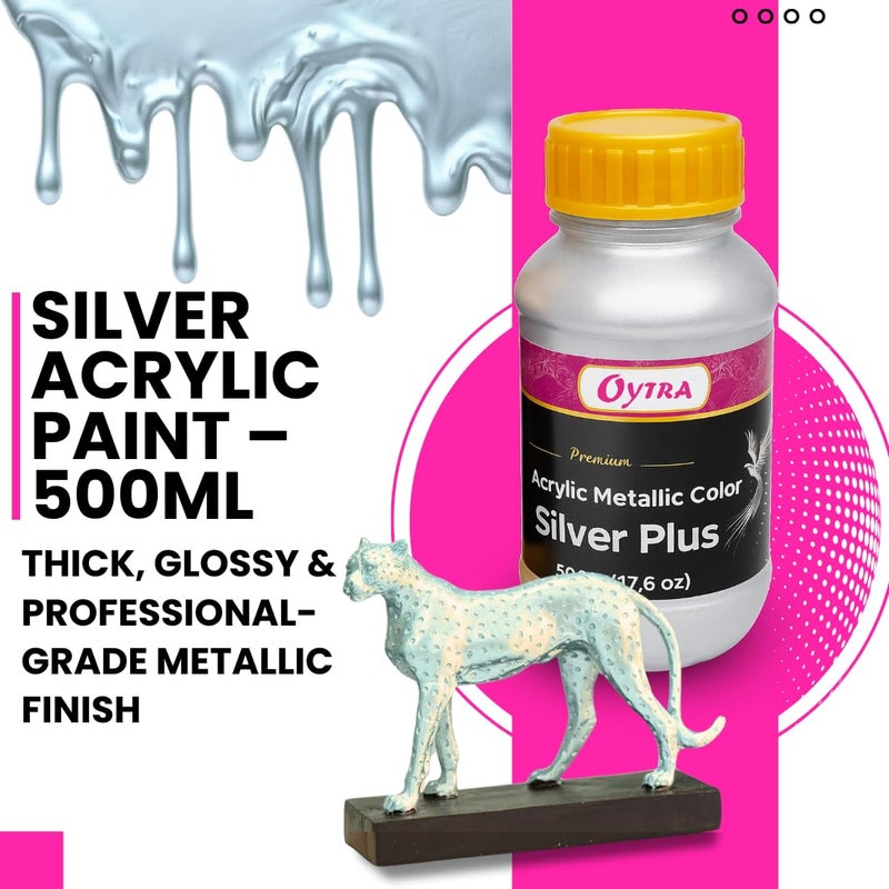 Oytra Silver Metallic Acrylic Paint 500 Grams for DIY Art and Craft Set Painting Drawings on Canvas Glass Wood Wall Car Metal Rock Steel Surfaces Professionals Artist Hobby Painters - Image 2