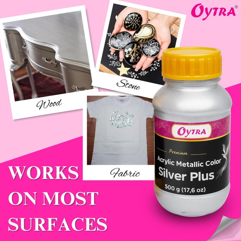 Oytra Silver Metallic Acrylic Paint 500 Grams for DIY Art and Craft Set Painting Drawings on Canvas Glass Wood Wall Car Metal Rock Steel Surfaces Professionals Artist Hobby Painters - Image 4