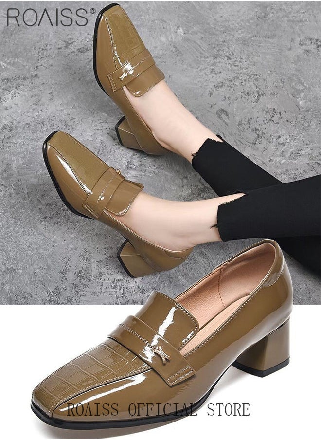 roaiss - Fashion Office Ladies Shoes Women Pu Leather Pumps Shoes British Style Square Toe Leather Shoes Mid Heel Chunky Heel Women's Shoes - Image 1