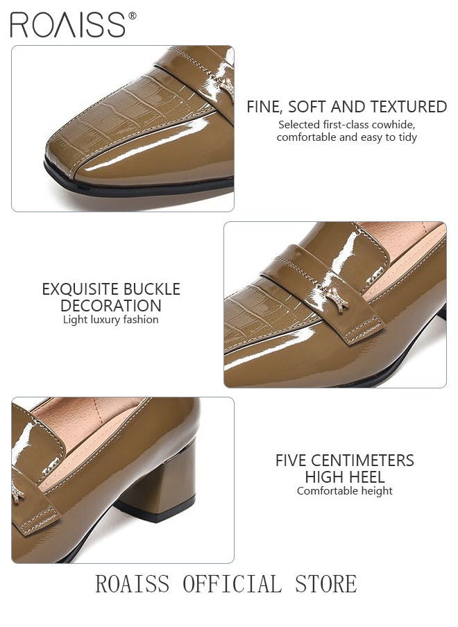 roaiss - Fashion Office Ladies Shoes Women Pu Leather Pumps Shoes British Style Square Toe Leather Shoes Mid Heel Chunky Heel Women's Shoes - Image 1
