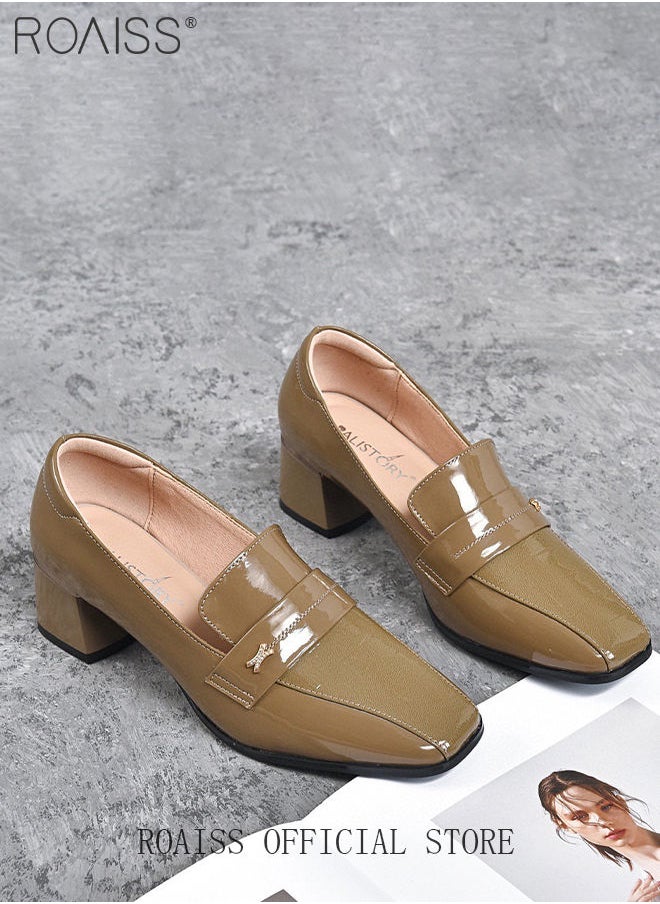roaiss - Fashion Office Ladies Shoes Women Pu Leather Pumps Shoes British Style Square Toe Leather Shoes Mid Heel Chunky Heel Women's Shoes - Image 1