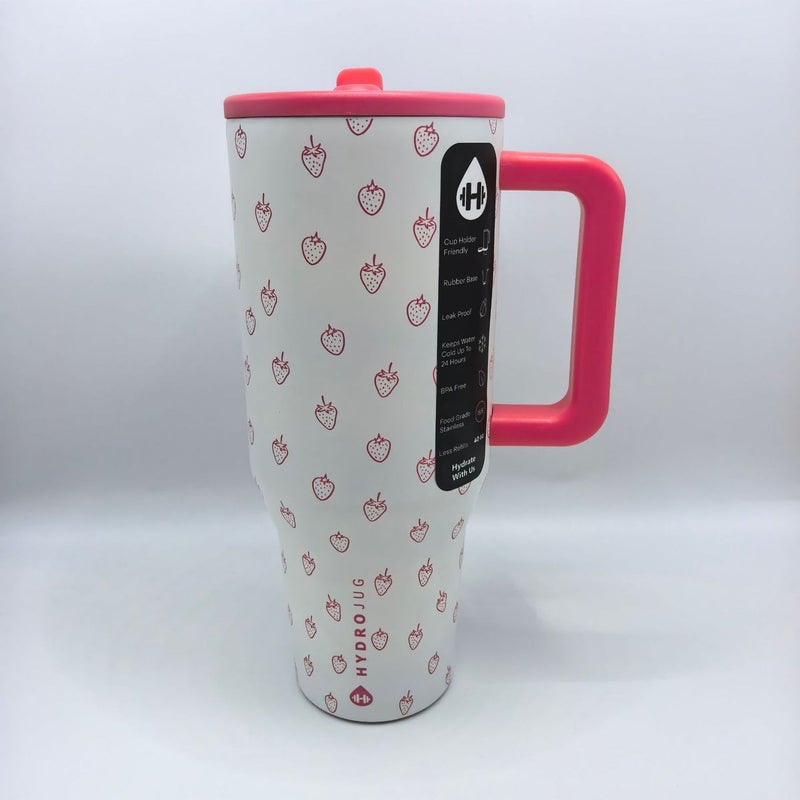 32OZ/40OZ Large Capacity Insulated Car Cup with Handle and Leak-Proof Lid, 304 Stainless Steel Thermal Tumbler, Red Strawberry