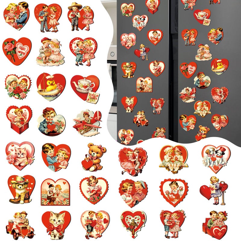 Copkim 30 Pcs Valentine's Day Refrigerator Magnets Vintage Heart Love Fridge Animals Rose Magnetic Stickers Holiday Valentine Fridge Magnets for Mailbox Car Kitchen Garage Metal Door - Image 1