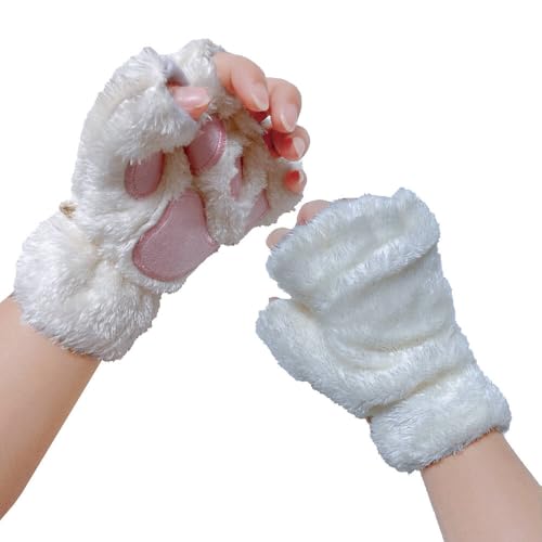 Himine Cat Claw Bear Paw Fingerless Winter Plush Gloves 1Pair (White) - Image 1