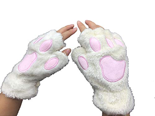 Himine Cat Claw Bear Paw Fingerless Winter Plush Gloves 1Pair (White) - Image 3