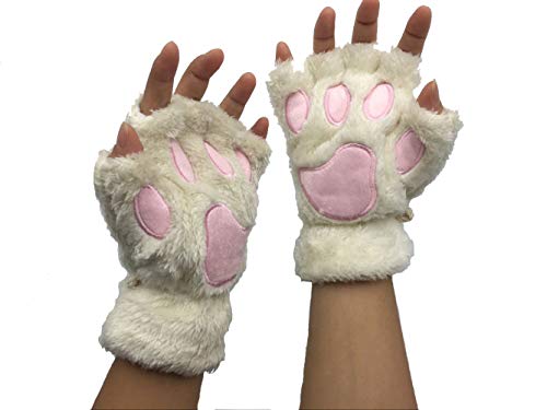 Himine Cat Claw Bear Paw Fingerless Winter Plush Gloves 1Pair (White) - Image 2