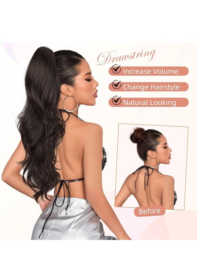 وصلة شعر ذيل حصان برباط للنساء، وصلات شعر طويلة مموجة للاستخدام اليومي (أسود) - Image 4