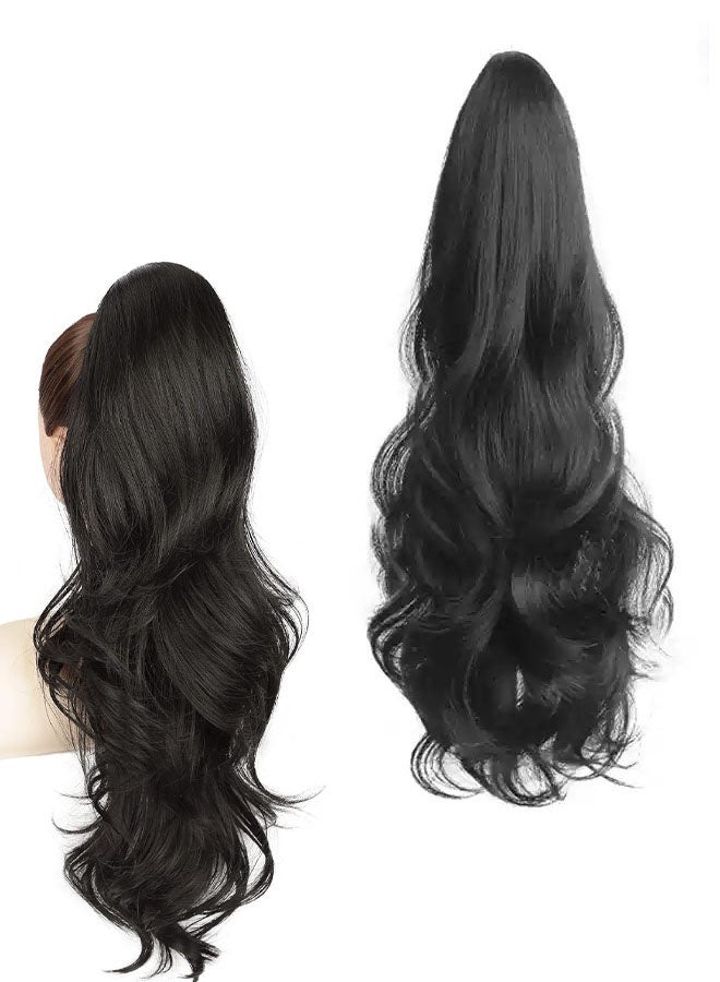 وصلة شعر ذيل حصان برباط للنساء، وصلات شعر طويلة مموجة للاستخدام اليومي (أسود) - Image 1
