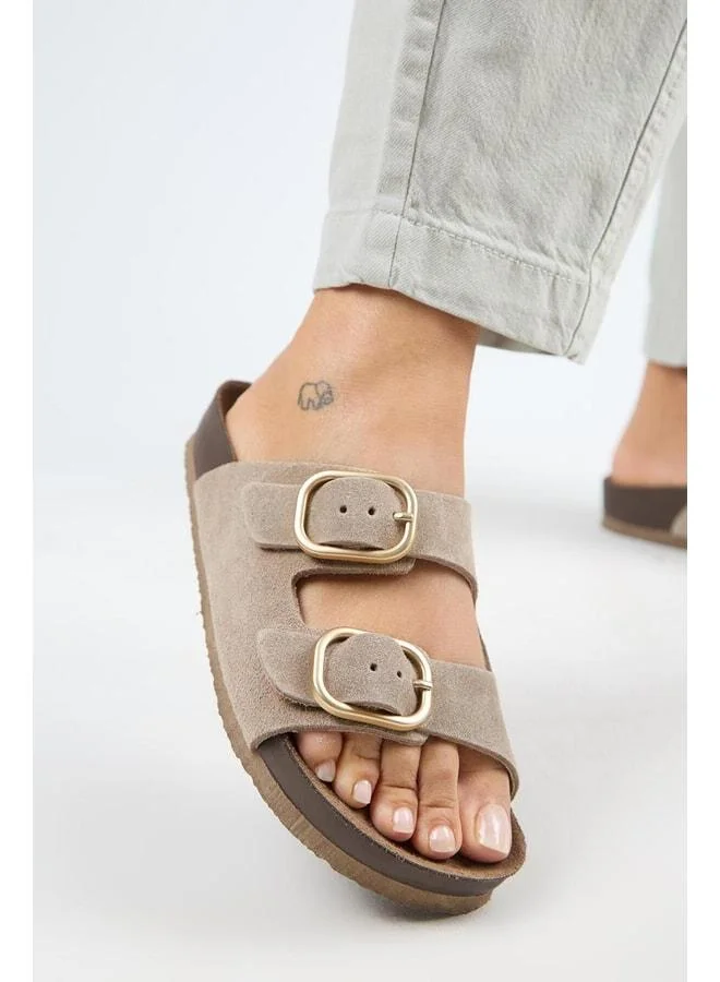Jazmin Women's Genuine Leather Double Buckle Vizon Slippers.