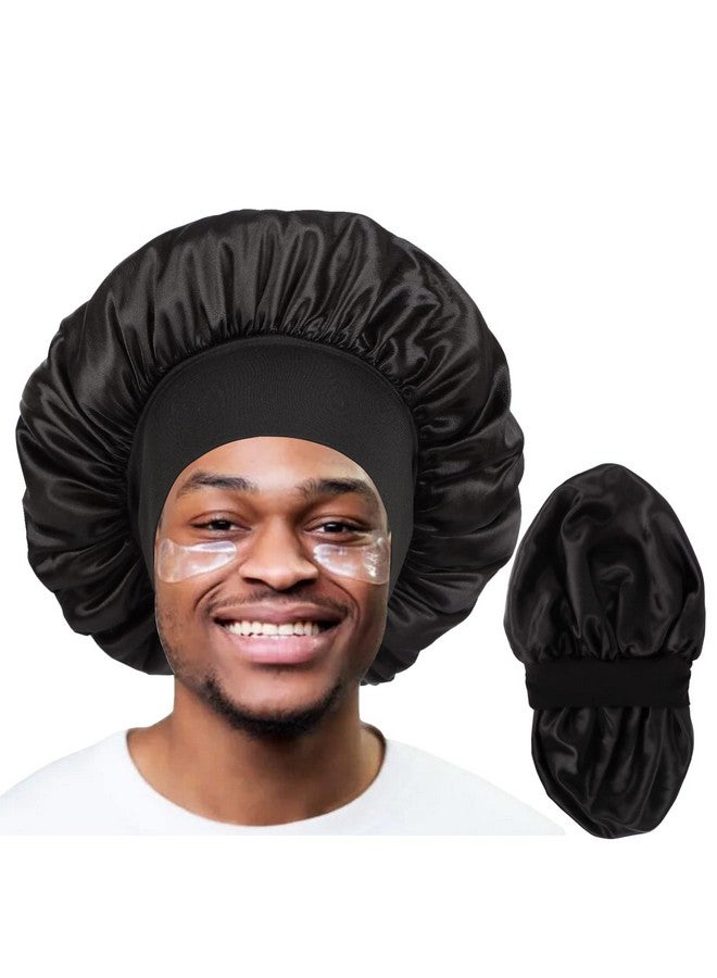 Himoswis قبعة للرجال، قبعة شعر للنوم، قبعات ساتان مزدوجة الطبقة للنساء السوداء ذات الشعر المجعد، قبعة نوم قابلة للعكس (كبير، أسود/أسود) - Image 1