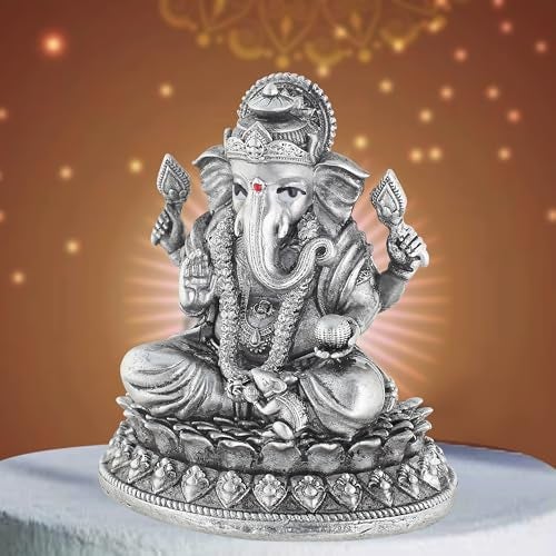 PRD CARATCAFE Silver Ganesha Murti for Car,Home & Office Pure 925 Solid Chandi Metal Idol of Ganesh Ji with Four Arms. Antique Look God Idol, Gift Item for All Occasions & Festivals.(33-35 GMS). - Image 3