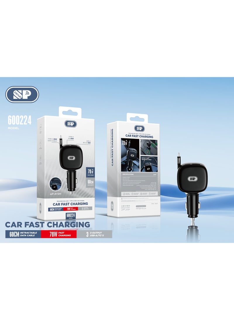 SP ISNUP 78W Fast Car Charger with Retractable Type-C Cable – 3 Outputs (PD 30W + USB QC 18W) - Image 4