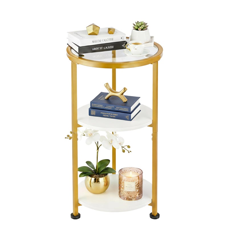 ZEXVIDA Glass Side Table, Tempered Glass Small Round Side Table with 3-Tier Storage Shelves for Small Spaces, Modern Glass Round End Table for Living Room, Bedside Nightstand for Bedroom (White+Gold) - Image 1