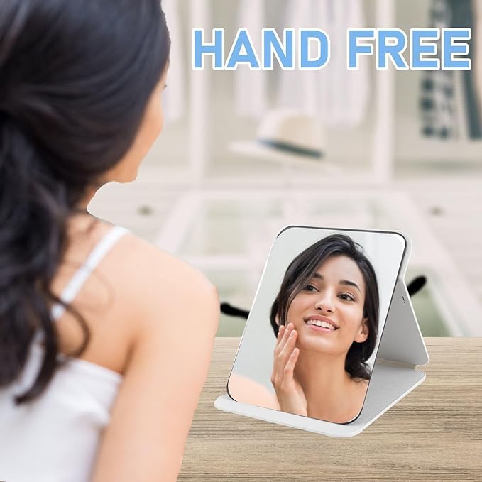 ONICORN Folding Makeup Mirror - Portable Small Size PU Leather Travel Mirror, Exquisite HD Round Edge Corner Glass, Adjustable Angle Vanity Mirror with Stand (White Pack of 1) - Image 2