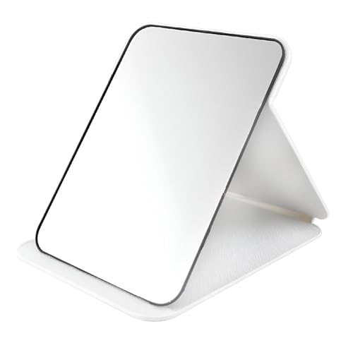 ONICORN Folding Makeup Mirror - Portable Small Size PU Leather Travel Mirror, Exquisite HD Round Edge Corner Glass, Adjustable Angle Vanity Mirror with Stand (White Pack of 1) - Image 1