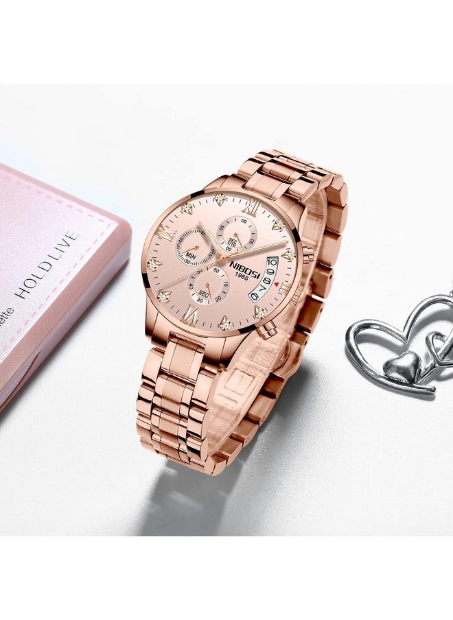 NIBOSI - NIBOSI Women's Watches Analog Quartz Diamond Dail Watches for Women Ladies Fashion Casual Chronograph Watches with Stainless Steel Strap, Dial Color-Rose Gold - Image 1