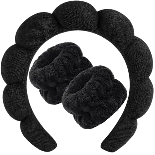 PiyuBind Spa Headband and Wristband Set, Face Wash Headband Makeup Skincare Headband Wrist Bands Washing Face for Preppy Skincare Women Girl (Spa Headband - Black) - Image 1