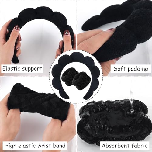 PiyuBind Spa Headband and Wristband Set, Face Wash Headband Makeup Skincare Headband Wrist Bands Washing Face for Preppy Skincare Women Girl (Spa Headband - Black) - Image 5