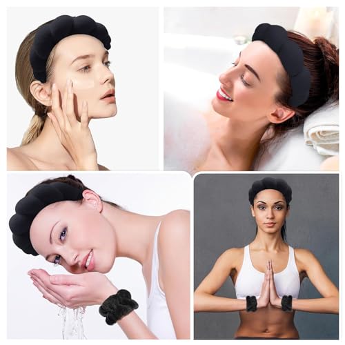 PiyuBind Spa Headband and Wristband Set, Face Wash Headband Makeup Skincare Headband Wrist Bands Washing Face for Preppy Skincare Women Girl (Spa Headband - Black) - Image 4