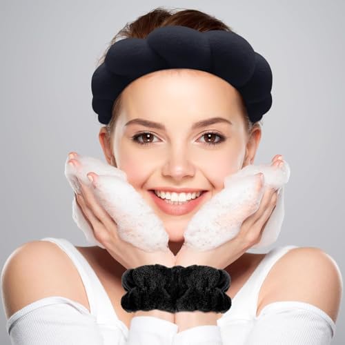 PiyuBind Spa Headband and Wristband Set, Face Wash Headband Makeup Skincare Headband Wrist Bands Washing Face for Preppy Skincare Women Girl (Spa Headband - Black) - Image 2